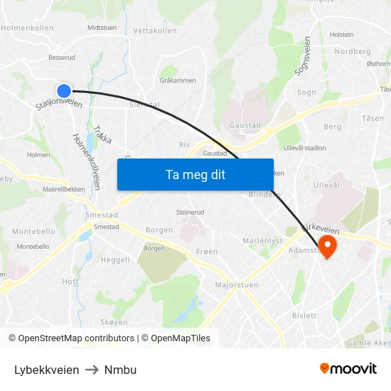 Lybekkveien to Nmbu map