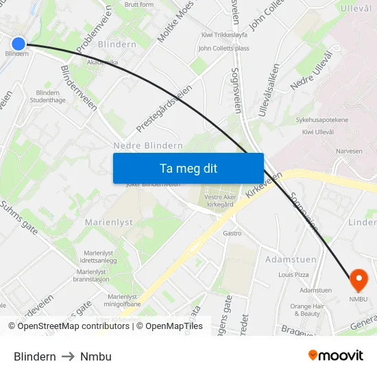 Blindern to Nmbu map