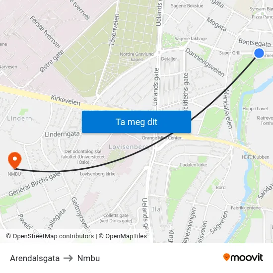 Arendalsgata to Nmbu map