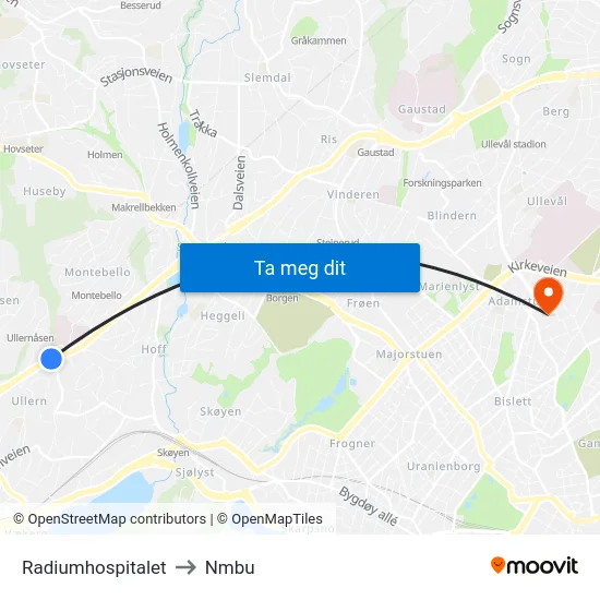 Radiumhospitalet to Nmbu map
