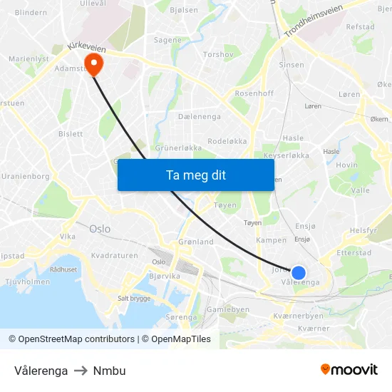 Vålerenga to Nmbu map