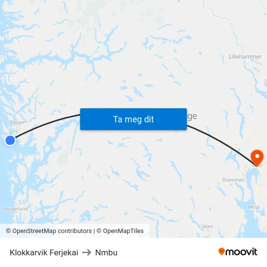 Klokkarvik Ferjekai to Nmbu map