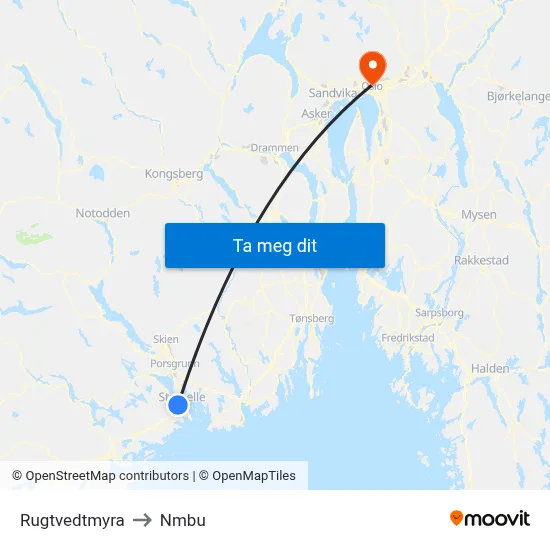 Rugtvedtmyra to Nmbu map