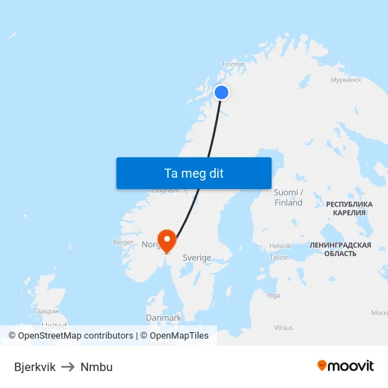 Bjerkvik to Nmbu map