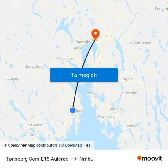 Tønsberg Sem E18 Aulerød to Nmbu map