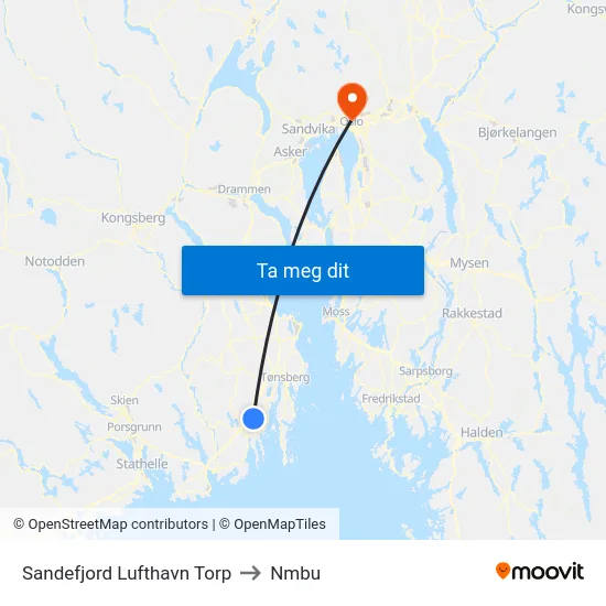 Sandefjord Lufthavn Torp to Nmbu map