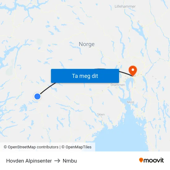 Hovden Alpinsenter to Nmbu map