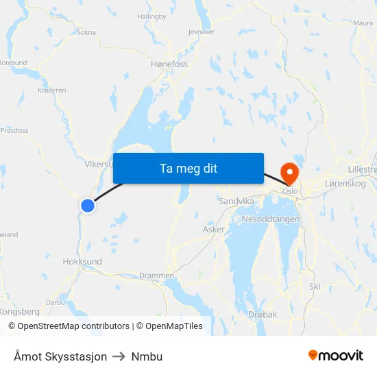 Åmot Skysstasjon to Nmbu map