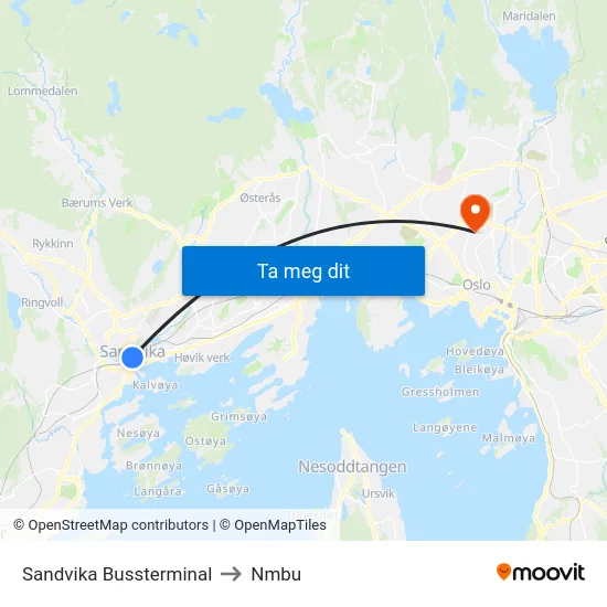 Sandvika Bussterminal to Nmbu map
