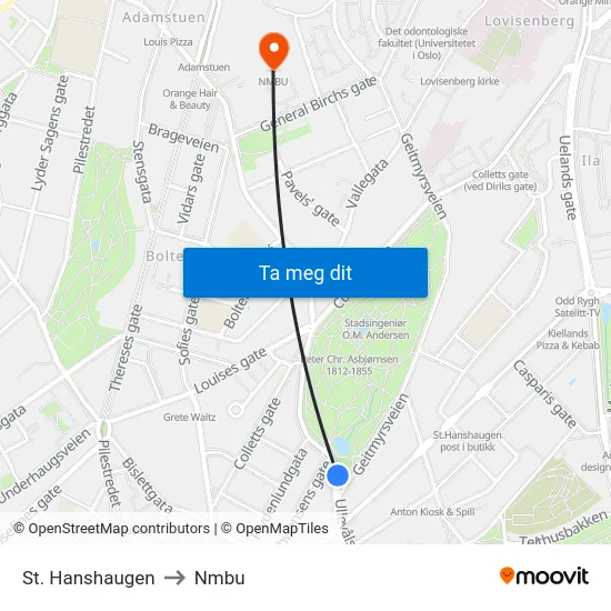 St. Hanshaugen to Nmbu map