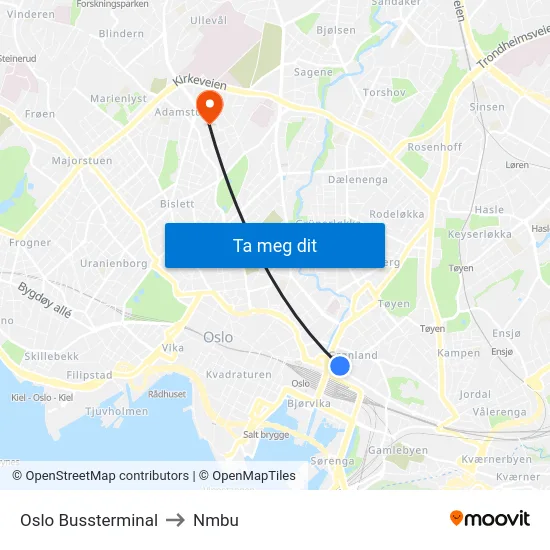 Oslo Bussterminal to Nmbu map