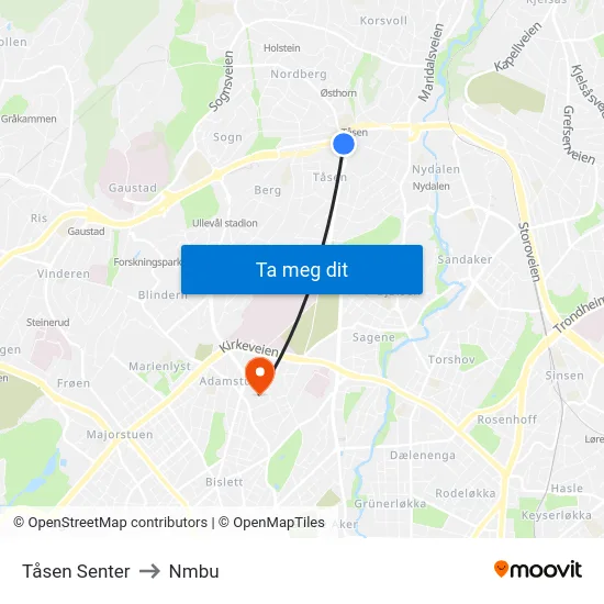 Tåsen Senter to Nmbu map