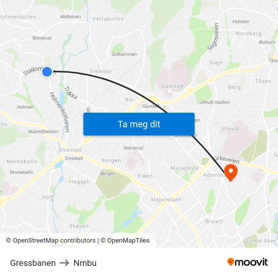 Gressbanen to Nmbu map