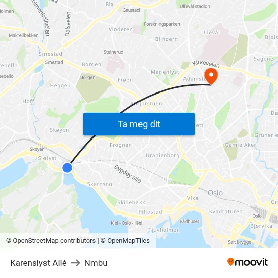 Karenslyst Allé to Nmbu map