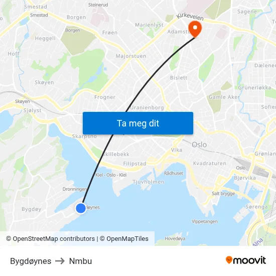 Bygdøynes to Nmbu map
