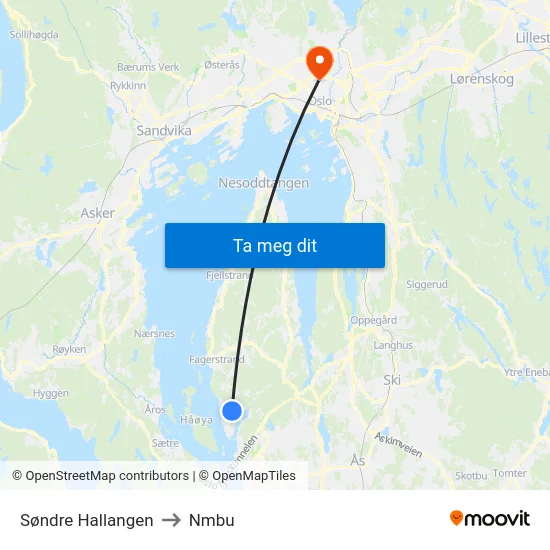 Søndre Hallangen to Nmbu map