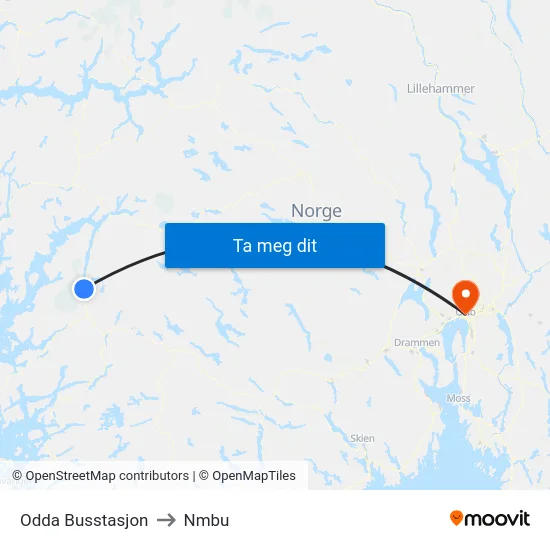 Odda Busstasjon to Nmbu map