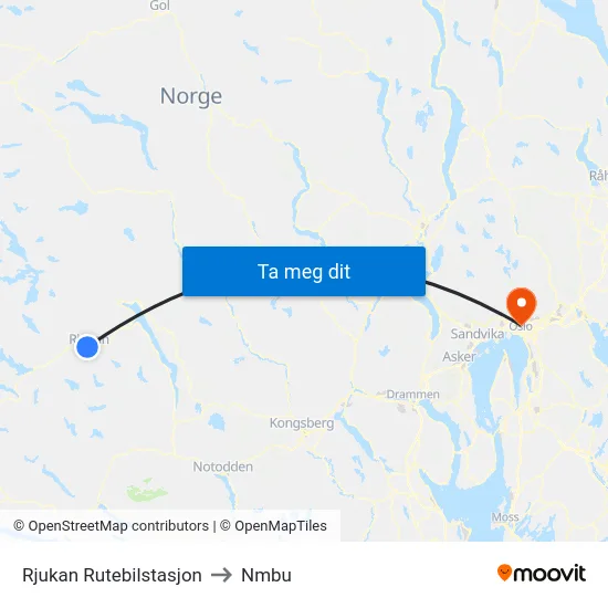 Rjukan Rutebilstasjon to Nmbu map