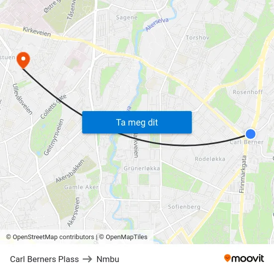 Carl Berners Plass to Nmbu map