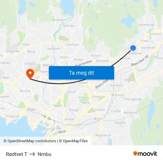 Rødtvet T to Nmbu map