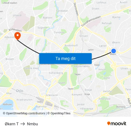 Økern T to Nmbu map