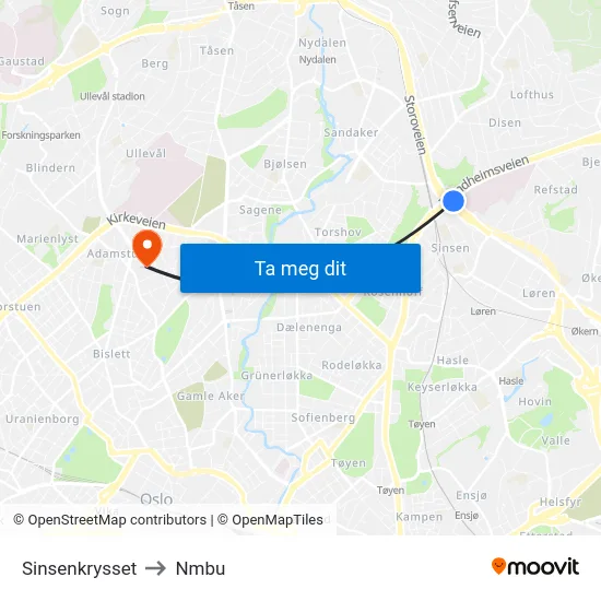 Sinsenkrysset to Nmbu map
