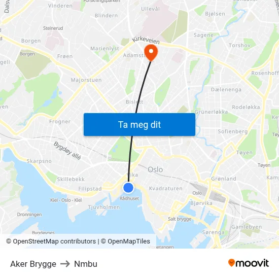 Aker Brygge to Nmbu map