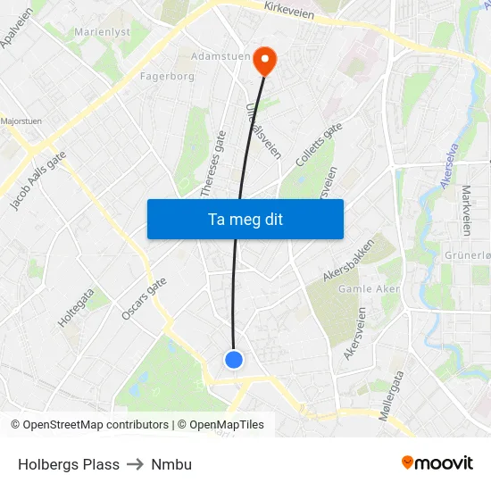 Holbergs Plass to Nmbu map