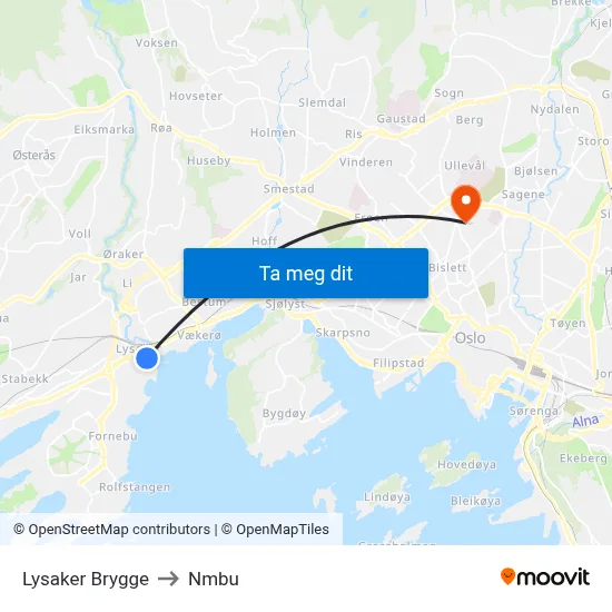 Lysaker Brygge to Nmbu map