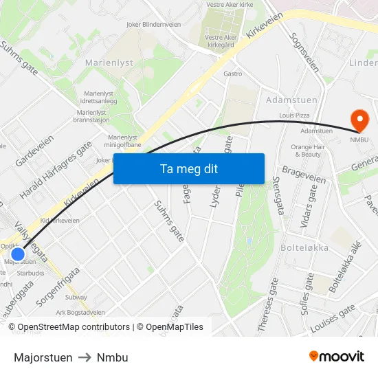 Majorstuen to Nmbu map