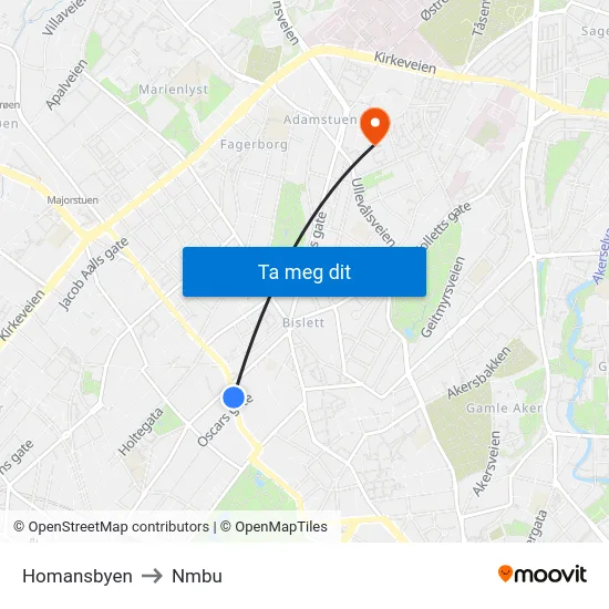 Homansbyen to Nmbu map