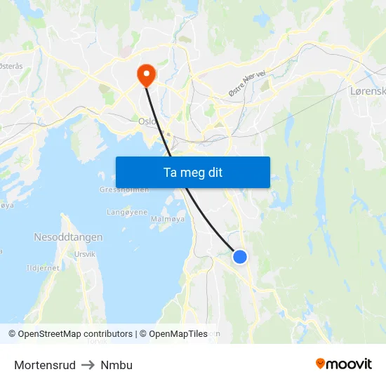 Mortensrud to Nmbu map