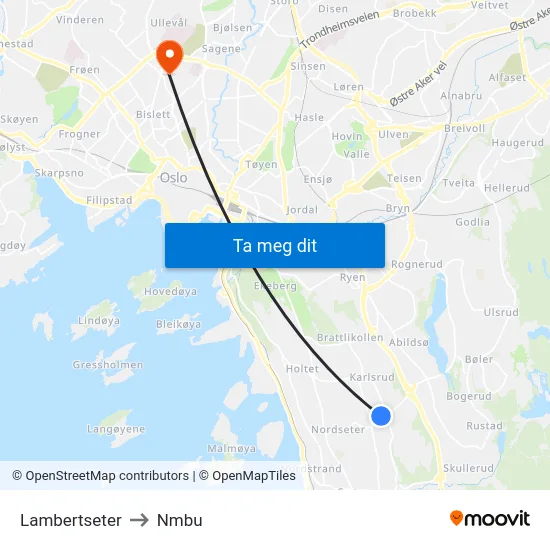 Lambertseter to Nmbu map