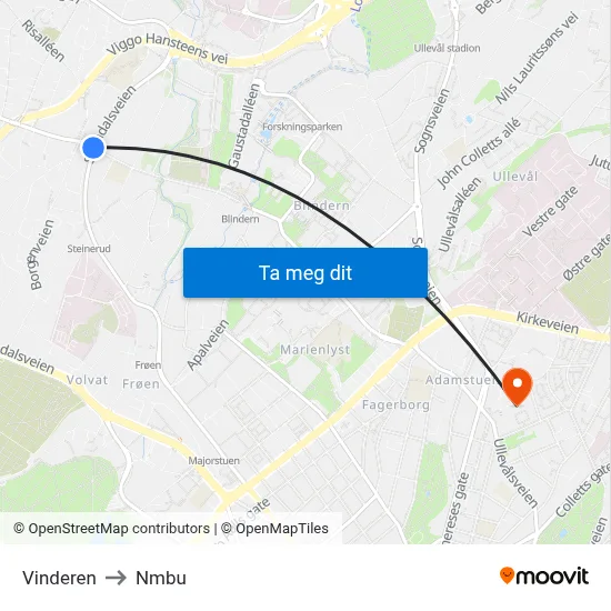 Vinderen to Nmbu map