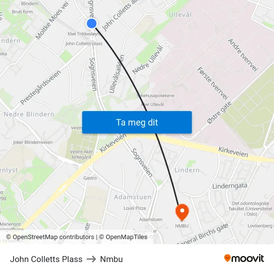 John Colletts Plass to Nmbu map