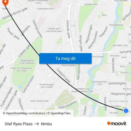 Olaf Ryes Plass to Nmbu map