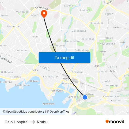 Oslo Hospital to Nmbu map