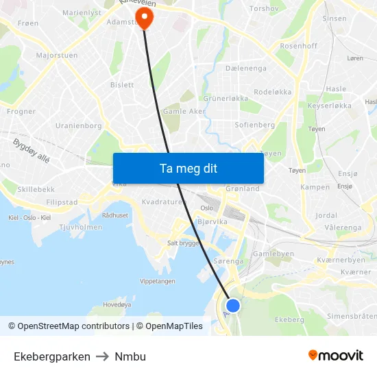 Ekebergparken to Nmbu map