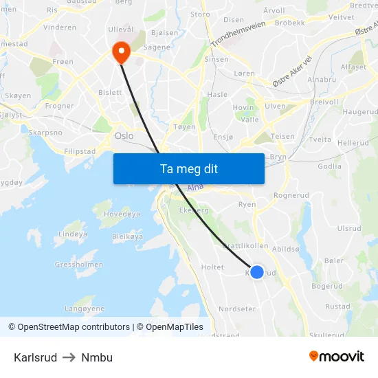 Karlsrud to Nmbu map