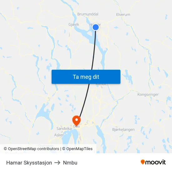 Hamar Skysstasjon to Nmbu map