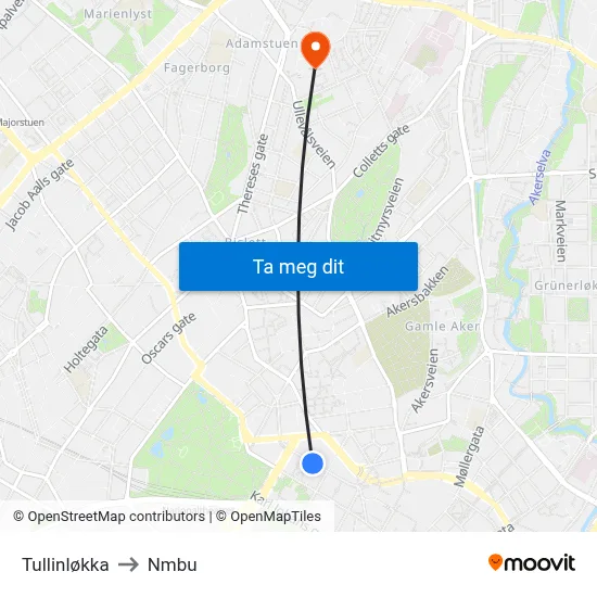 Tullinløkka to Nmbu map