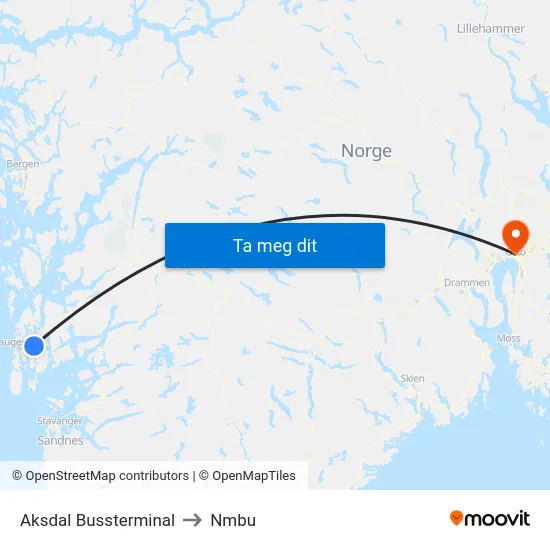 Aksdal Bussterminal to Nmbu map