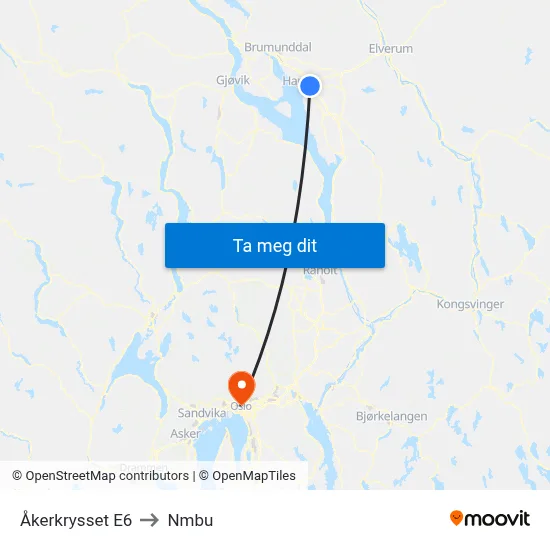 Åkerkrysset E6 to Nmbu map