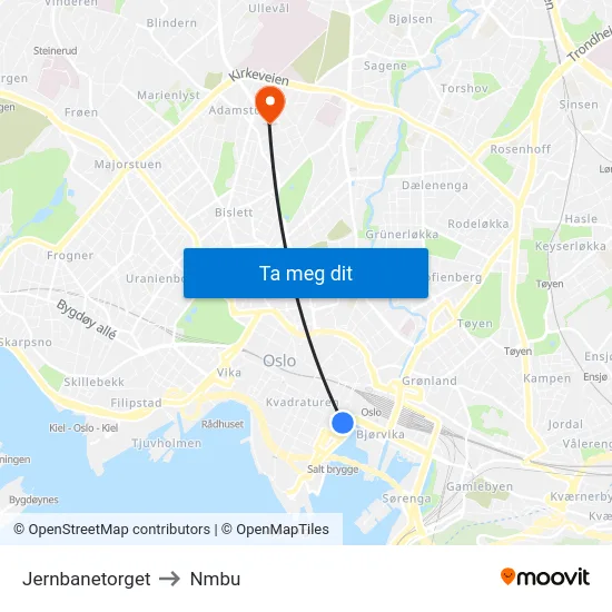 Jernbanetorget to Nmbu map