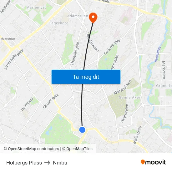 Holbergs Plass to Nmbu map