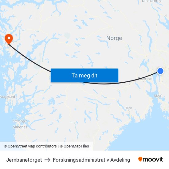 Jernbanetorget to Forskningsadministrativ Avdeling map