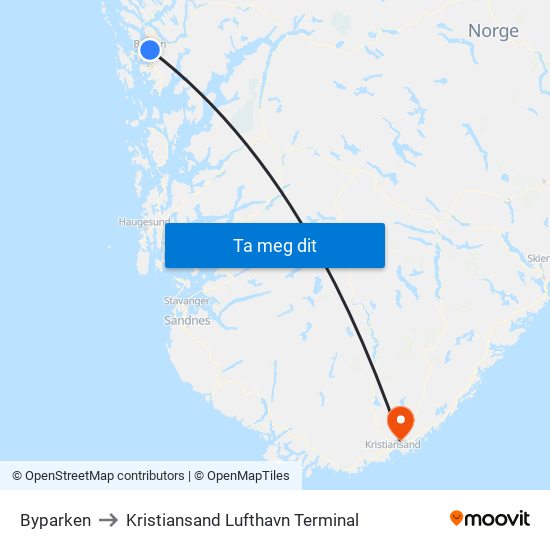 Byparken to Kristiansand Lufthavn Terminal map