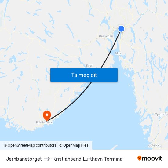 Jernbanetorget to Kristiansand Lufthavn Terminal map