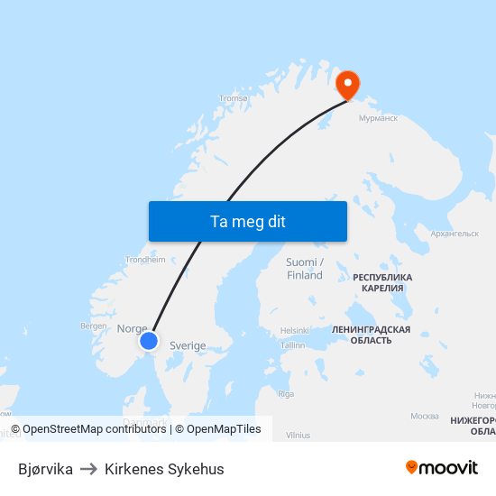 Bjørvika to Kirkenes Sykehus map