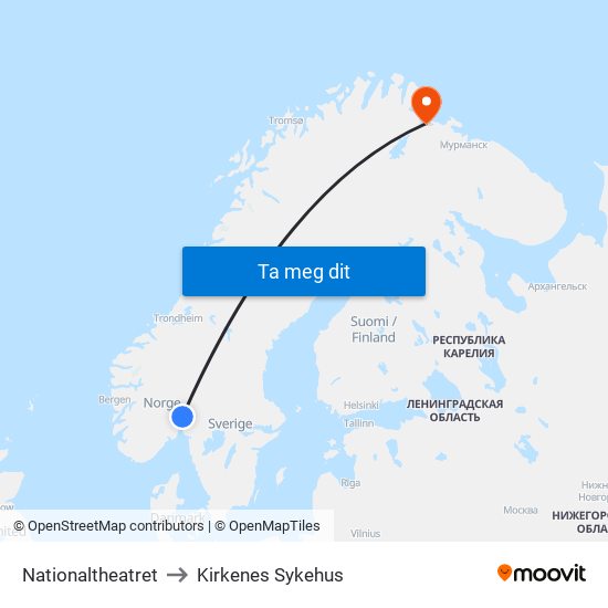 Nationaltheatret to Kirkenes Sykehus map